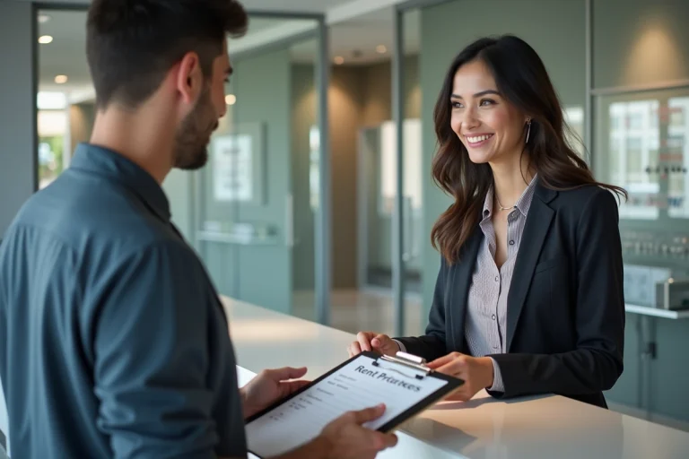 Femme discutant avec un employe dans un centre de location