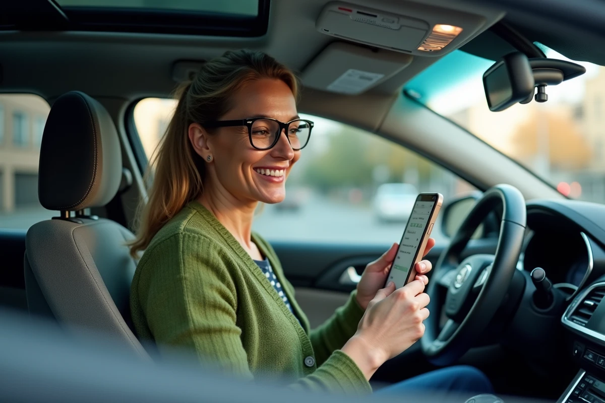 Femme souriante examinant manuel auto sur smartphone dans voiture