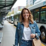 Femme souriante descend d'un bus Pulsion Laval en ville