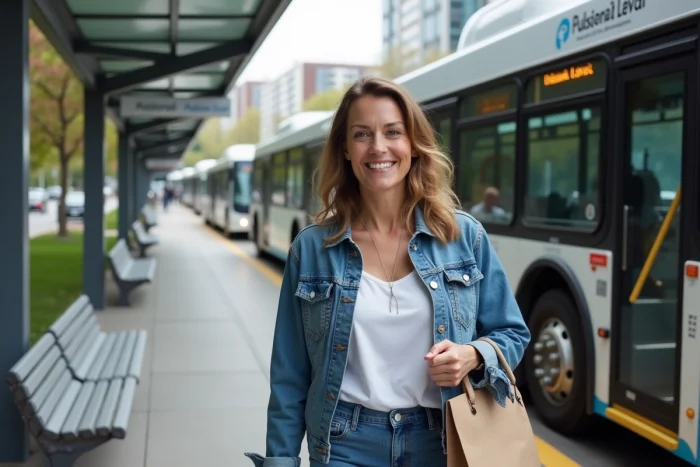 Femme souriante descend d'un bus Pulsion Laval en ville