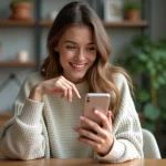 Femme souriante tenant son smartphone pour confirmer un abonnement
