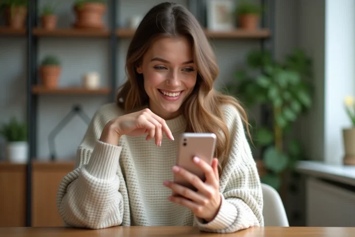 Femme souriante tenant son smartphone pour confirmer un abonnement