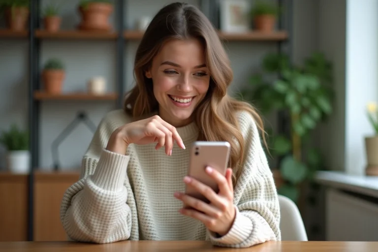Femme souriante tenant son smartphone pour confirmer un abonnement