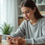 Femme téléchargeant l'application Mon Proxima sur son smartphone depuis son bureau à domicile