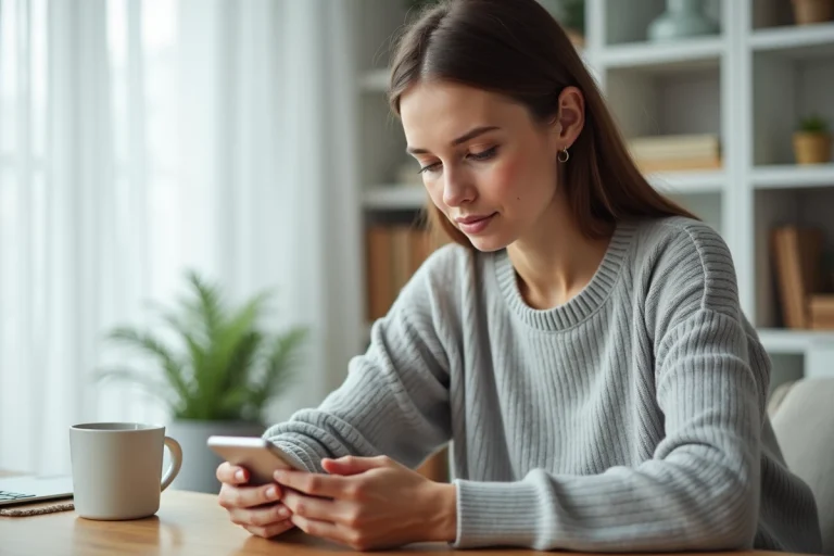 Femme téléchargeant l'application Mon Proxima sur son smartphone depuis son bureau à domicile