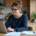 Femme souriante avec ordinateur et documents financiers à la maison