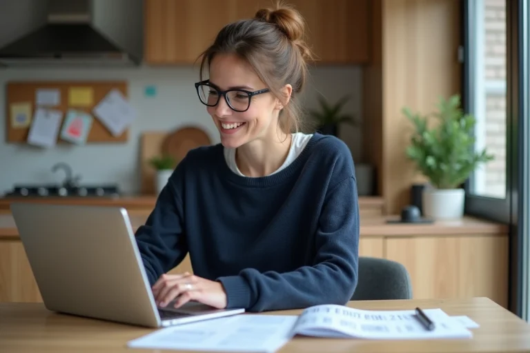 Femme souriante avec ordinateur et documents financiers à la maison
