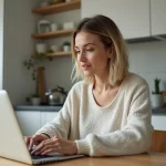 Femme assise à la maison travaillant sur un ordinateur portable