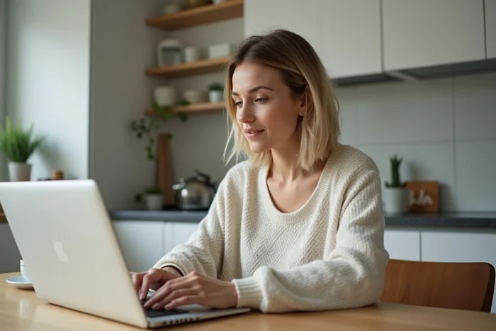 Femme assise à la maison travaillant sur un ordinateur portable