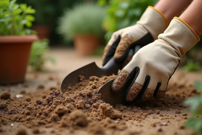 Gros plan de mains gantées incorporant du fumier organique dans la terre du jardin avec une truelle