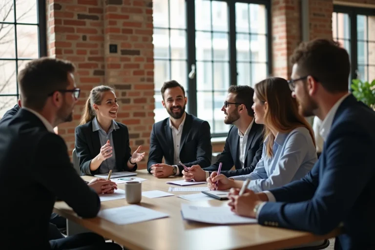 Professionnels en réunion brainstorming dans un bureau moderne