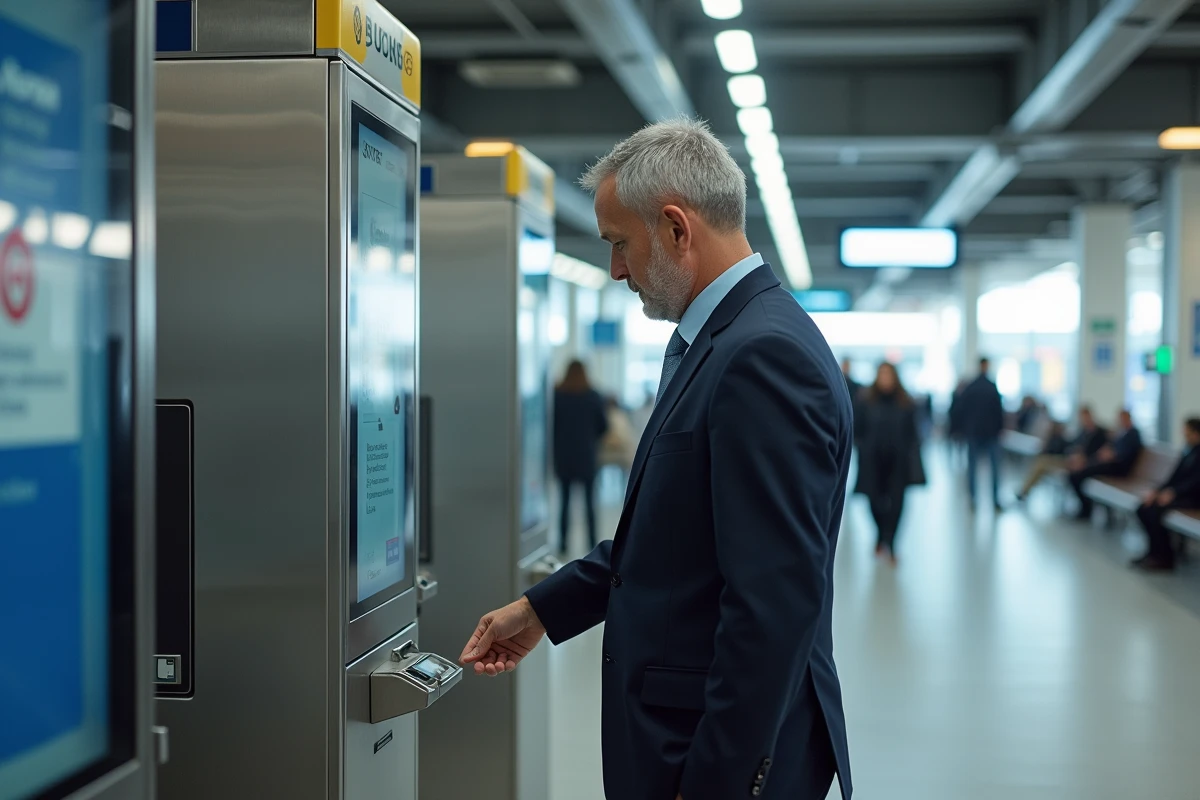 Homme en costume achète un ticket dans un terminal de transport