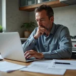 Homme d'affaires étudiant un ordinateur dans une cuisine moderne