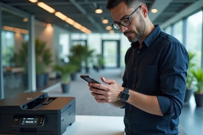 Homme utilisant l'application Canon PRINT sur smartphone pour connecter son imprimante au bureau