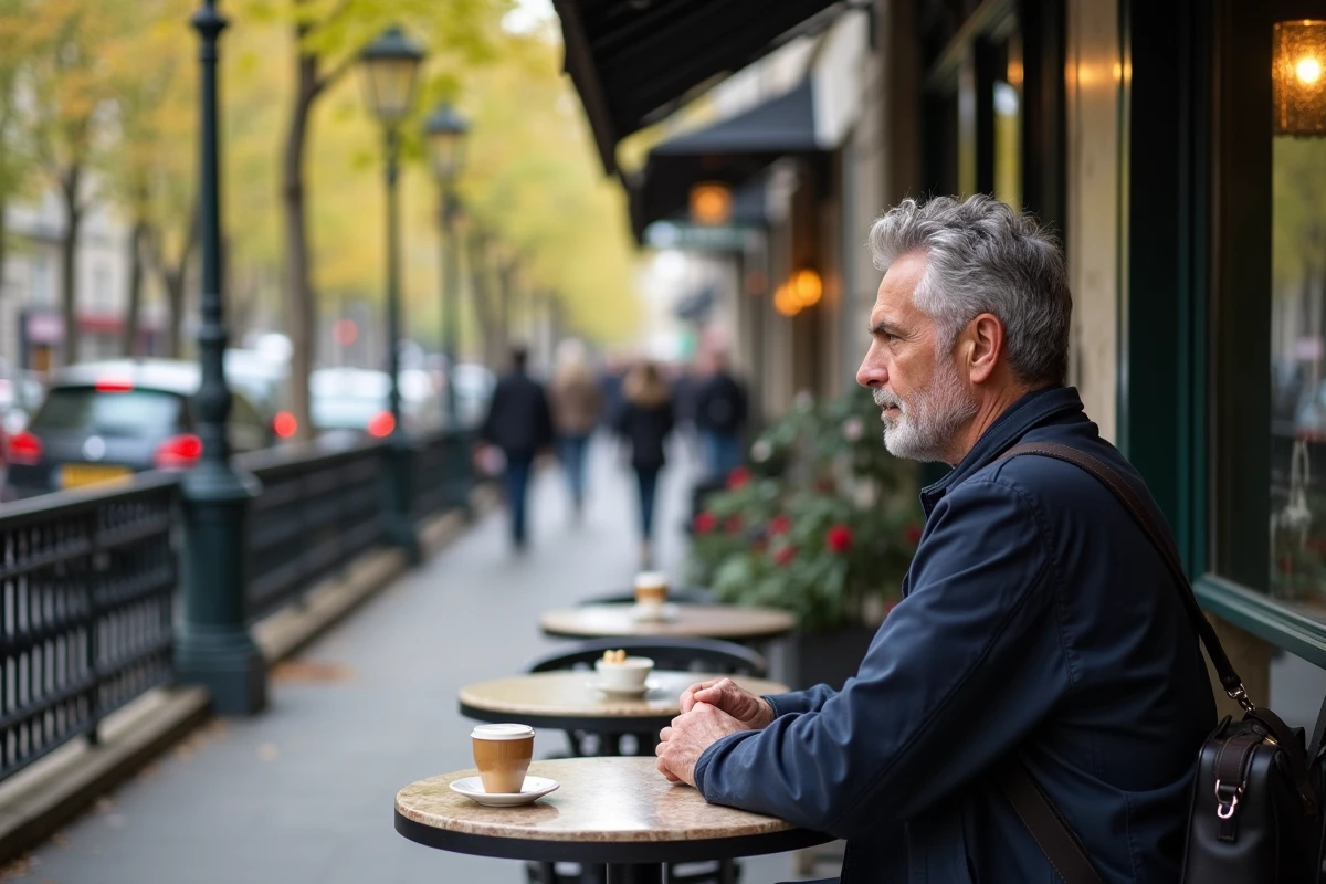 Homme assis dans un café parisien en terrasse