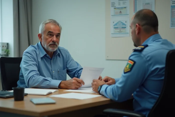 Homme d'âge moyen dans un bureau de gendarmerie calme