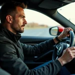 Homme concentré au volant d'une voiture sportive moderne