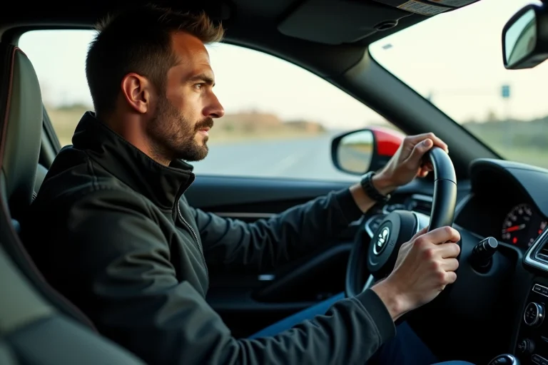 Homme concentré au volant d'une voiture sportive moderne