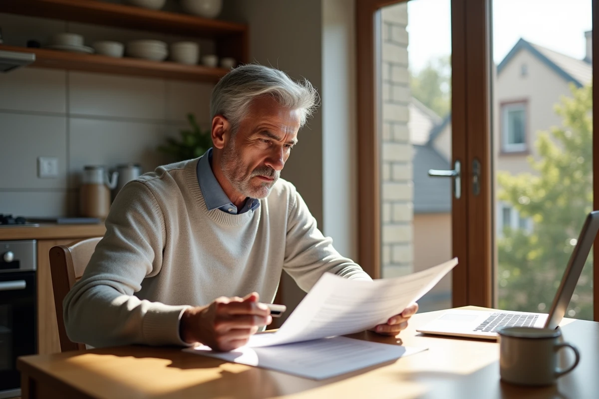 Homme lisant un contrat de location dans sa cuisine