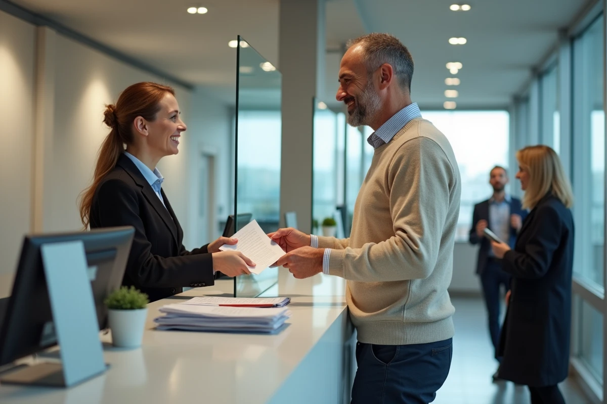 Homme remettant un formulaire CPAM à un agent administratif