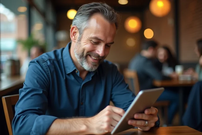 Homme consultant ses comptes bancaires sur une tablette dans un café avec l'application Mon Proxima