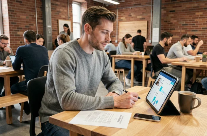 Un jeune homme consulte des offres d'emploi sur une tablette dans un espace de coworking moderne