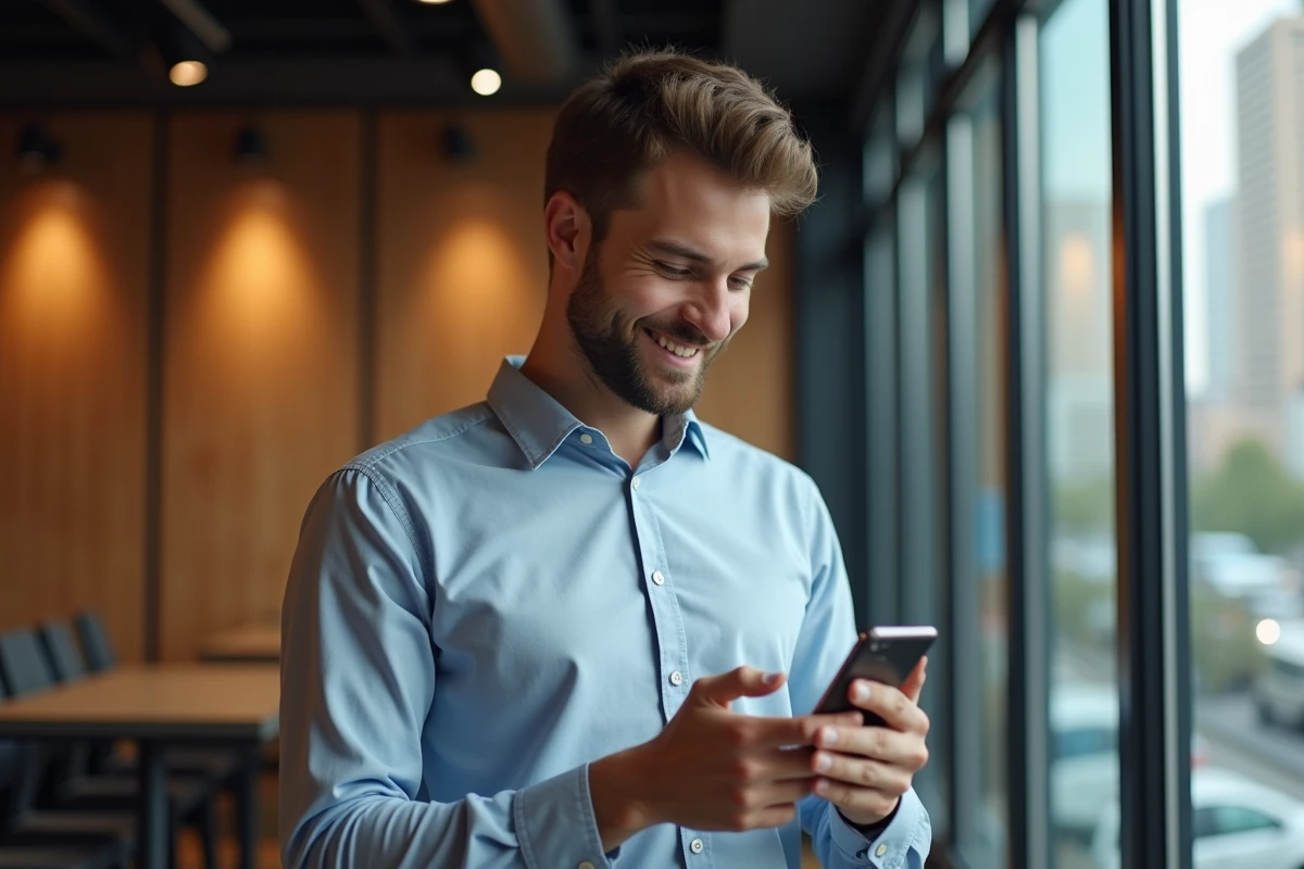 Jeune homme regardant son téléphone dans un espace de coworking urbain
