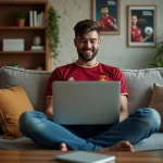 Jeune homme regardant un match de football à la maison
