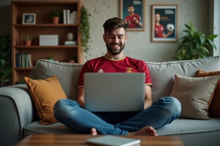 Jeune homme regardant un match de football à la maison
