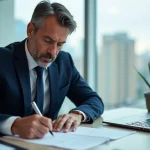 Homme d'âge moyen signant un document officiel dans un bureau moderne