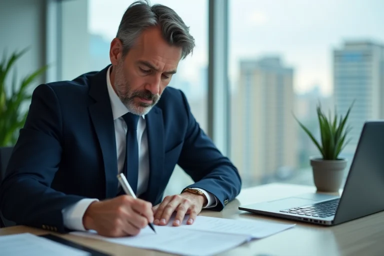 Homme d'âge moyen signant un document officiel dans un bureau moderne