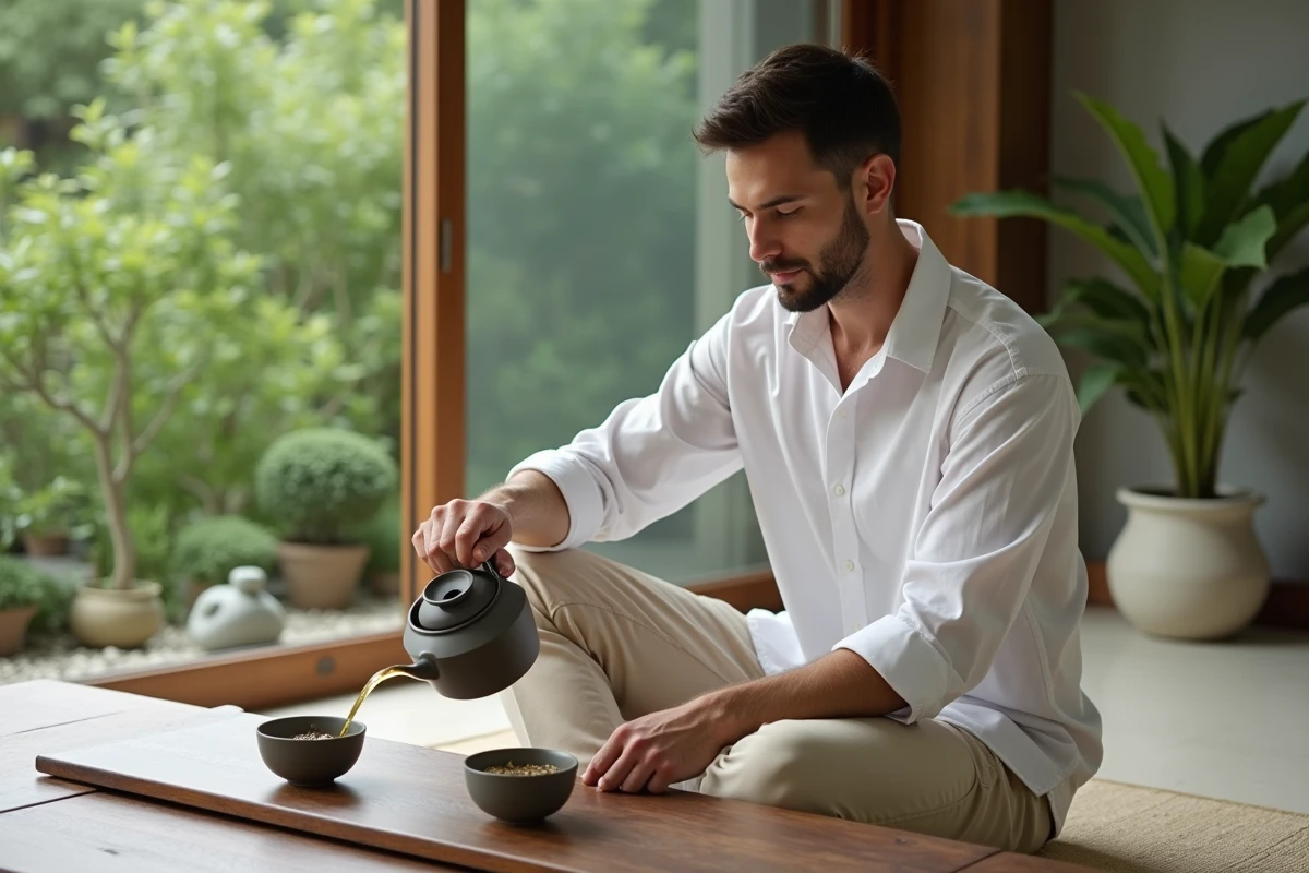 Homme versant du thé dans un cadre zen intérieur