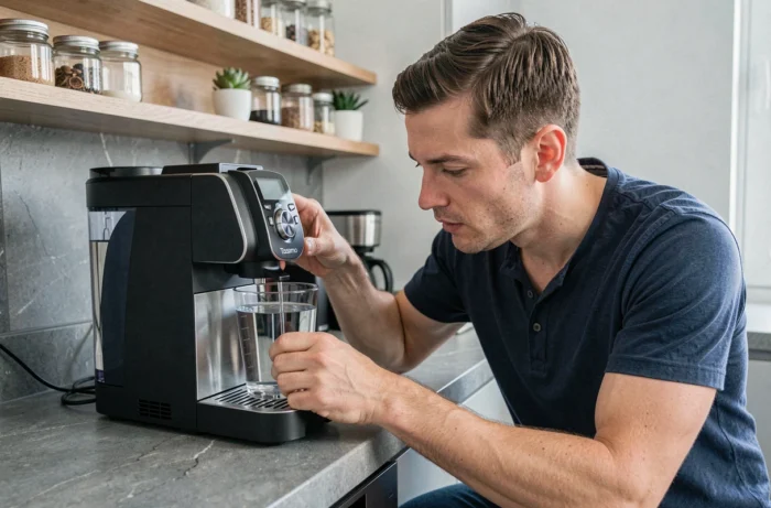 Homme vérifiant le réservoir d'eau d'une machine Tassimo pour résoudre un problème de café trop court
