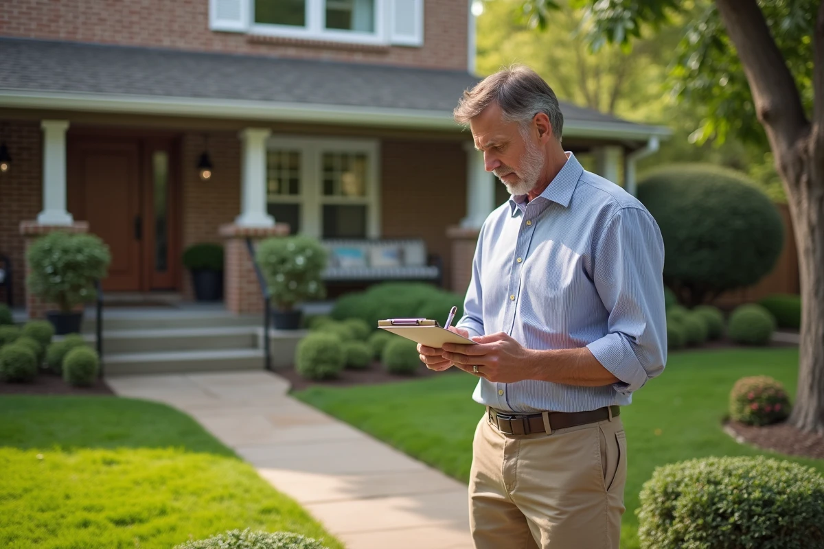 Homme examine panneau vente devant maison en banlieue