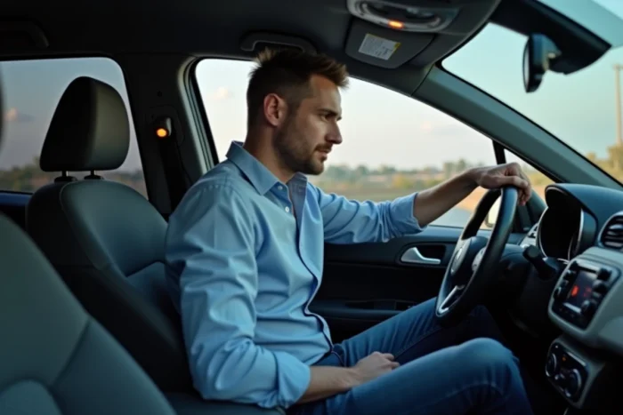 Homme regardant le tableau de bord d'une voiture moderne