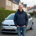 Homme d'âge moyen avec voiture moderne dans quartier résidentiel