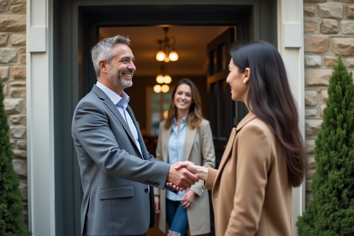 Homme souriant serrant la main à un couple devant bâtiment