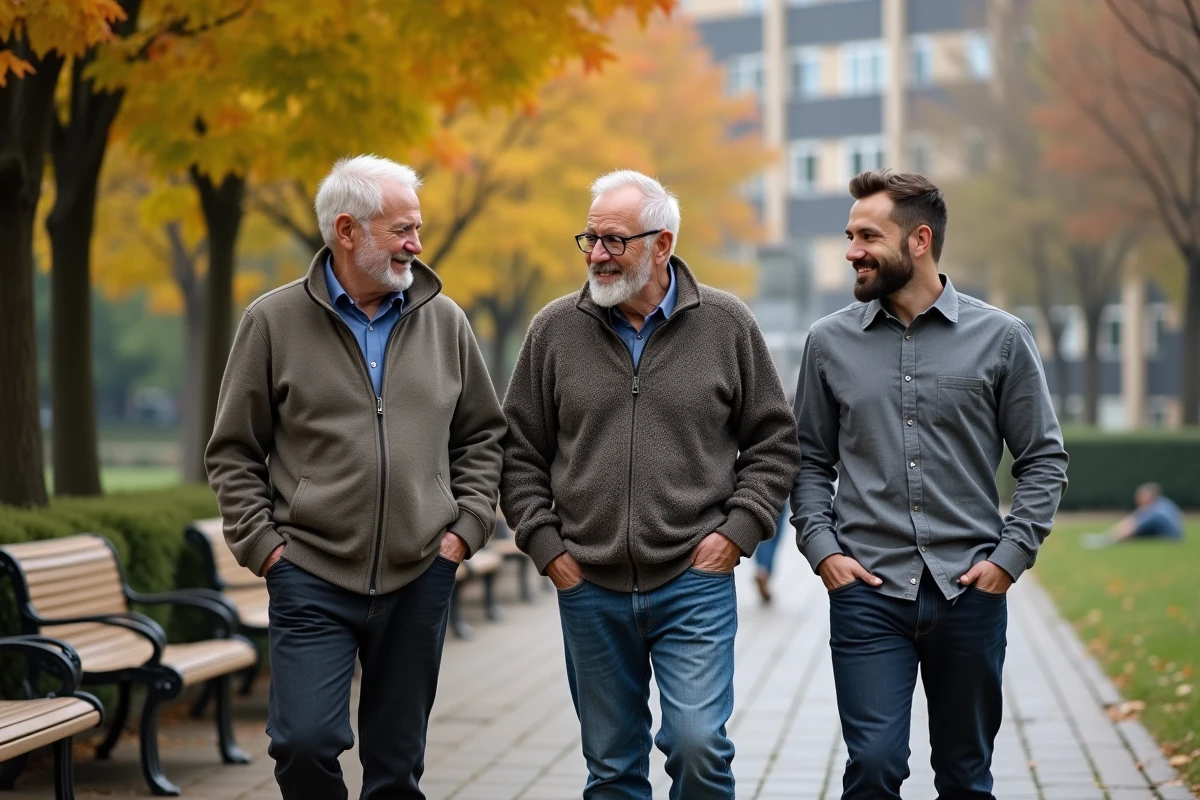 Deux hommes seniors marchant dans un parc urbain