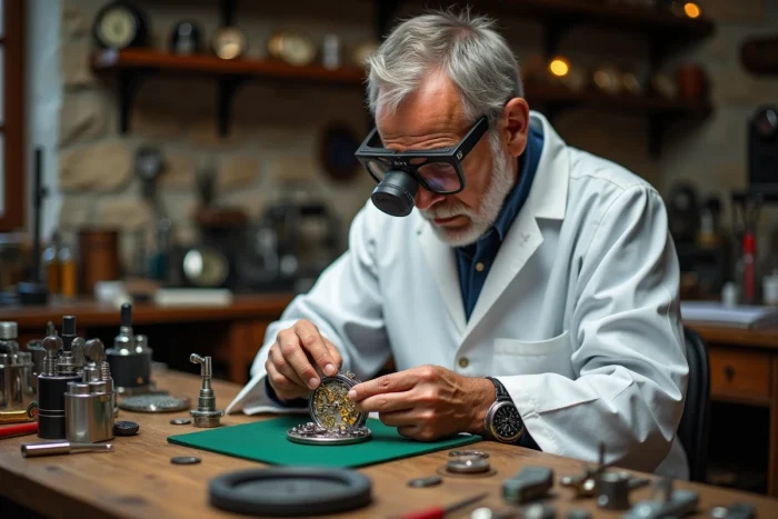 Horloger suisse assemblant un mouvement mécanique de montre de luxe dans un atelier traditionnel