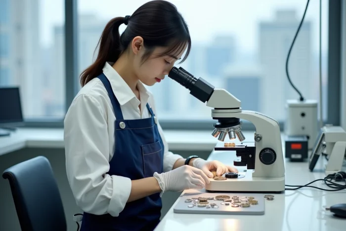 Horlogère japonaise inspectant un mouvement de montre de précision dans un laboratoire horloger moderne à Tokyo