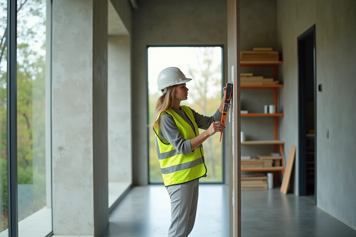 Jeune ingénieure en sécurité inspecte un panneau préfabrique moderne