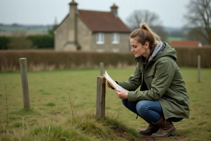 Une femme examinant un plan cadastral sur un terrain communal rural avec des bornes de délimitation