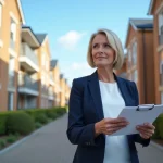 Femme investisseuse immobilière tenant des documents devant un immeuble résidentiel moderne