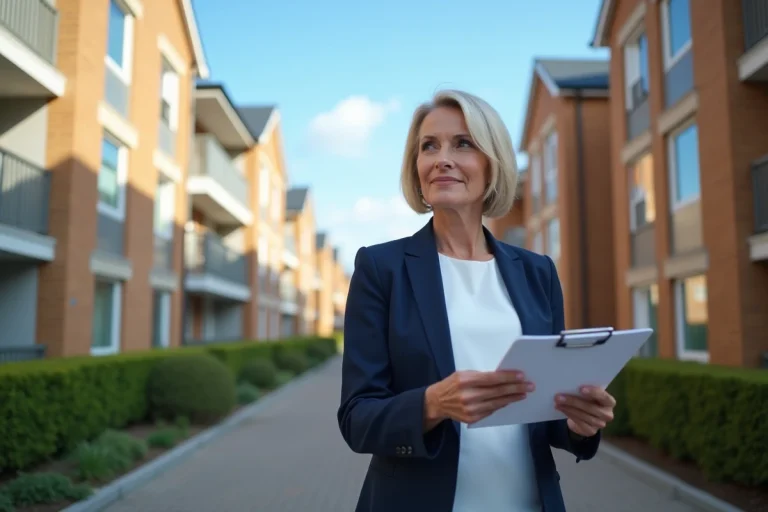 Femme investisseuse immobilière tenant des documents devant un immeuble résidentiel moderne