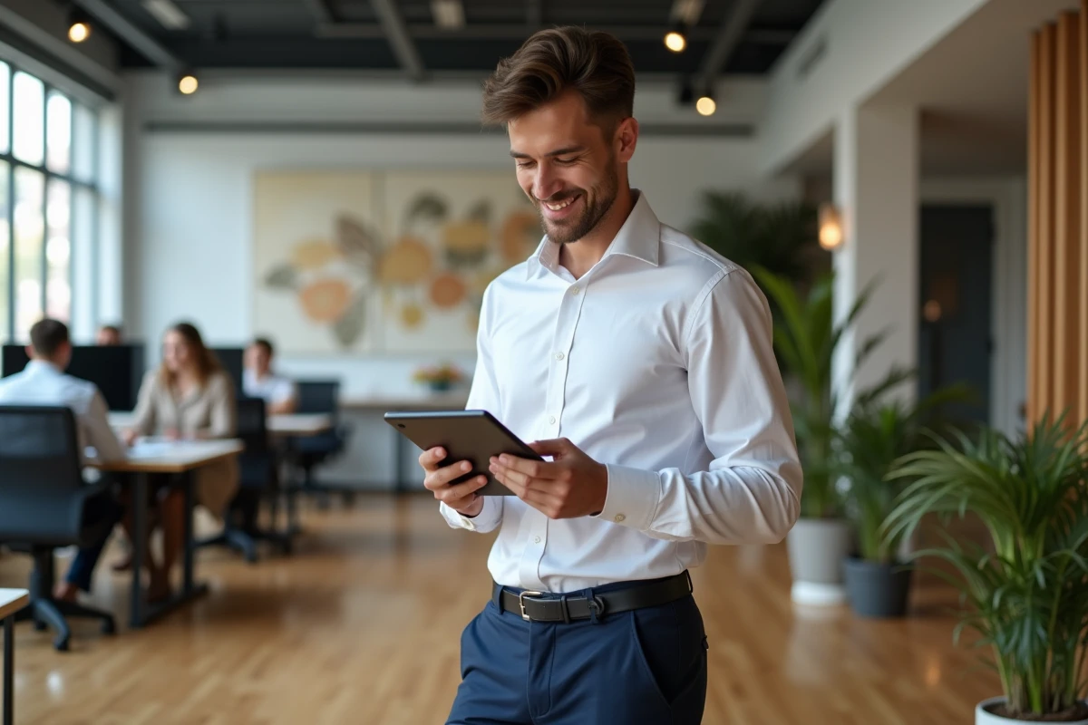 Jeune entrepreneur regardant une tablette dans un espace de coworking