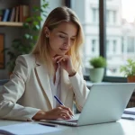 Jeune femme en bureau moderne remplissant un formulaire