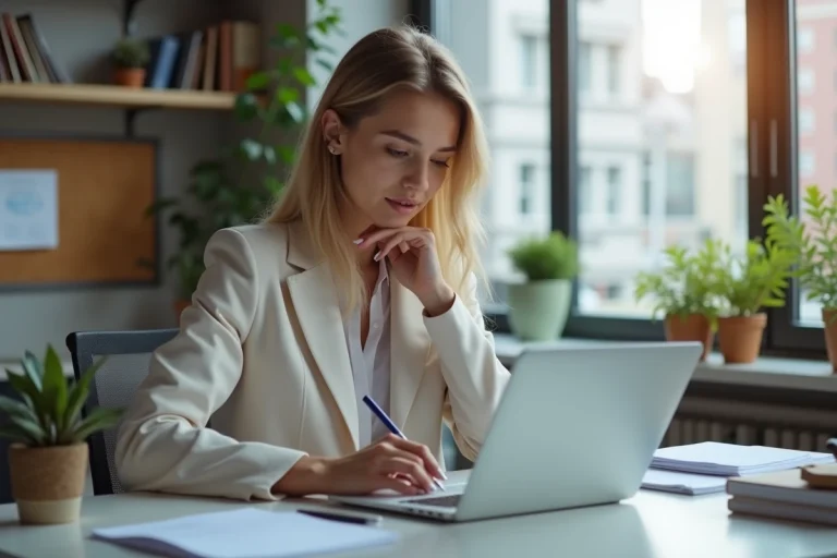 Jeune femme en bureau moderne remplissant un formulaire