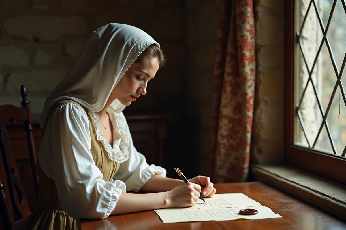 Jeune femme écrivant une lettre dans une maison ancienne