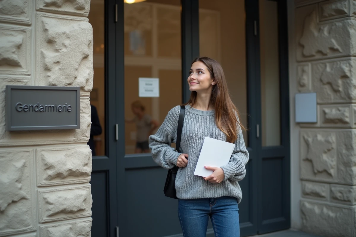 Jeune femme entrant dans une gendarmerie moderne