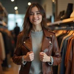 Jeune femme souriante essayant une veste en cuir dans une boutique